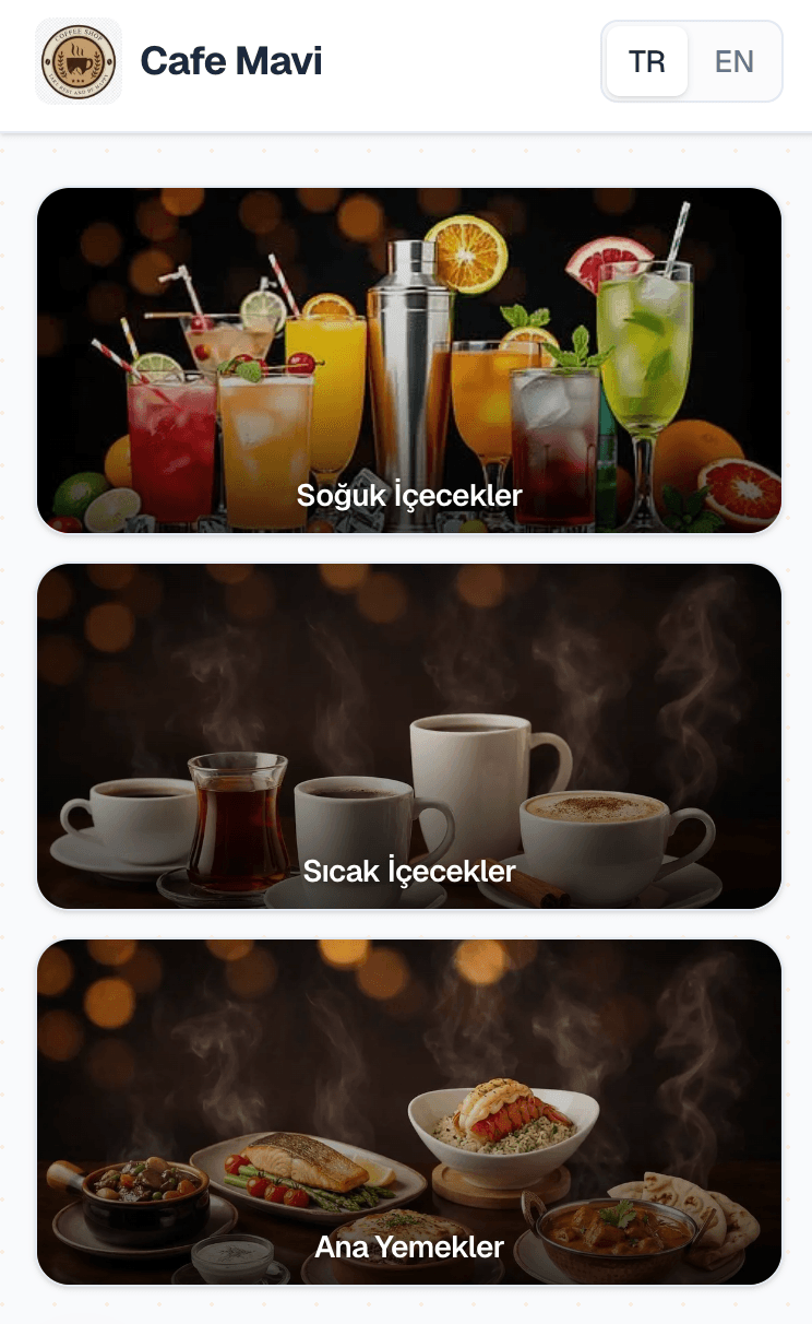 Müşteri telefonunda neroqr dijital menü örneği